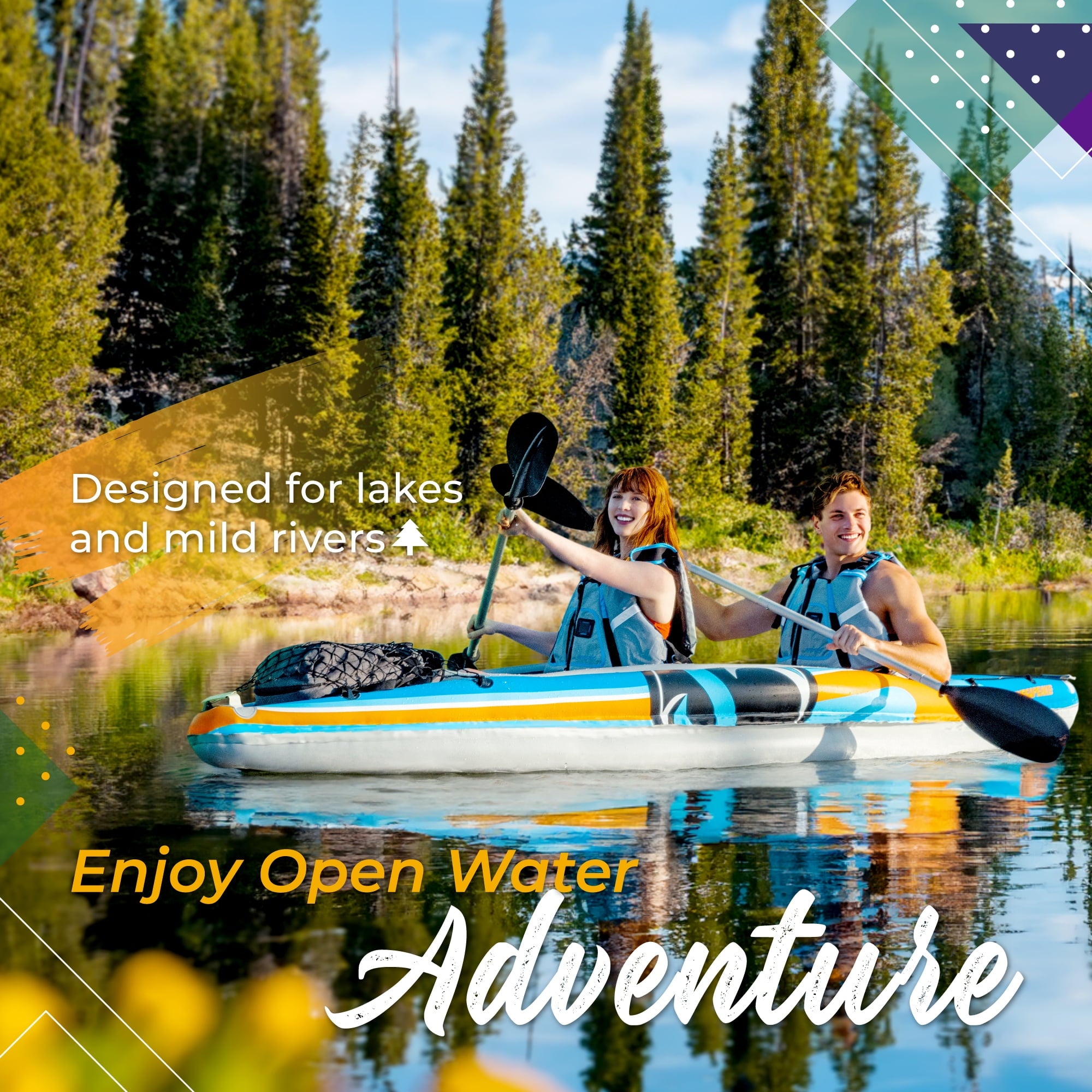 Sunlite Sports Tandem Inflatable Kayak with Canopy and Pump for Lakes & Rivers