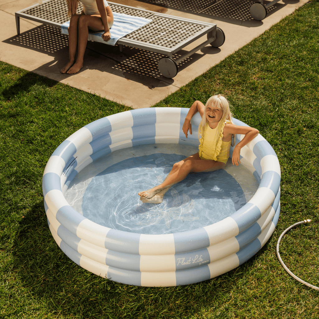 Float Life by Funboy Inflatable 3-Ring Pool, Blue Stripe - Summer Breeze, 65 Diameter, Children 6+