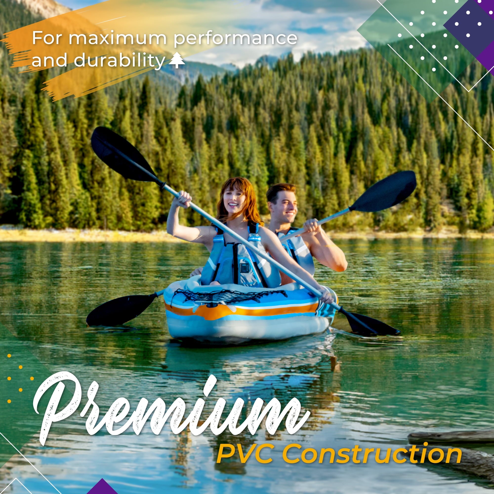 Sunlite Sports Tandem Inflatable Kayak with Canopy and Pump for Lakes & Rivers