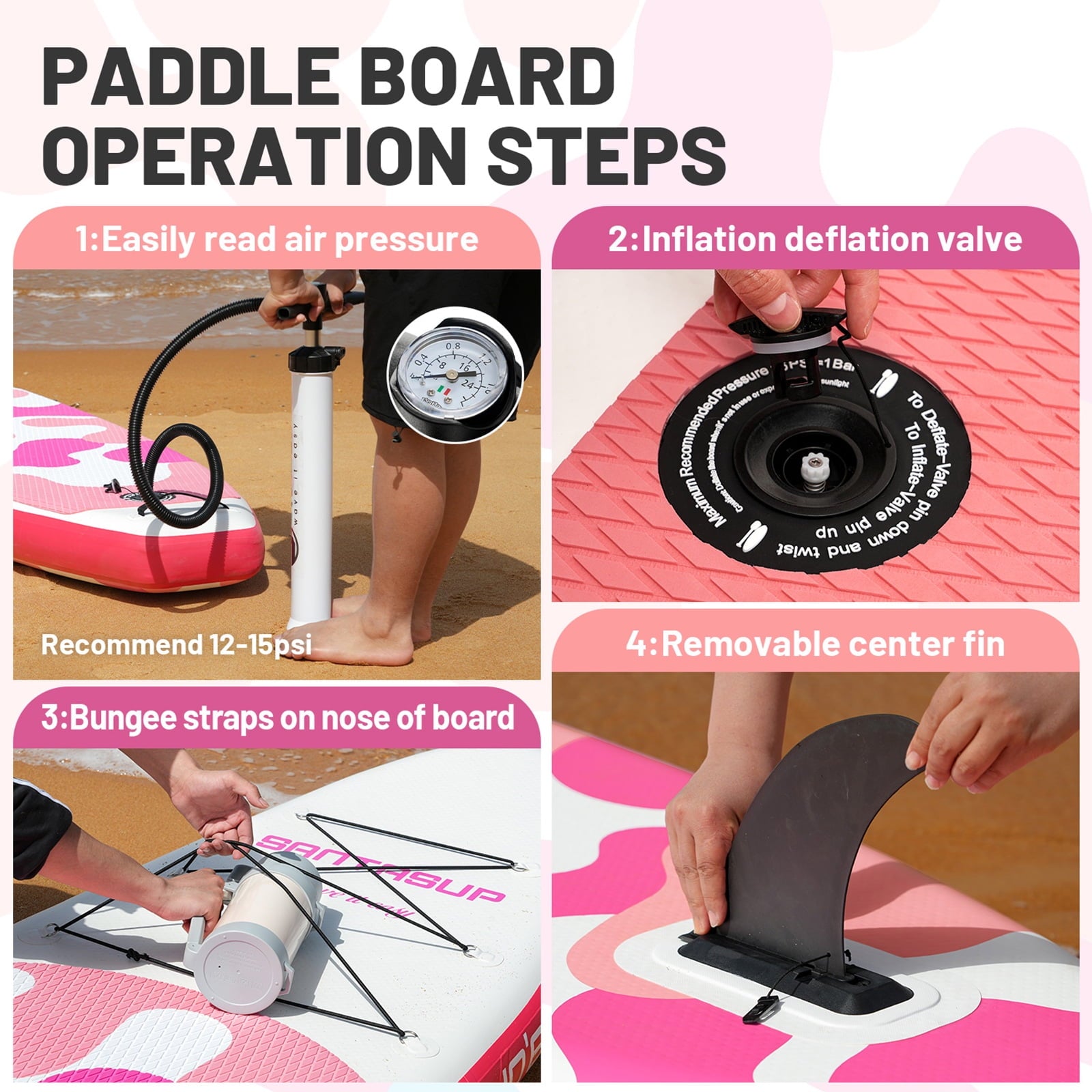 Santasup Blow Up Paddle Board Inflatable Paddle Board For Adults, 10ft Stand Up Paddleboard, Sup Board With Sup Accessories, Non-Slip Deck, Adjustable Paddle, Travel Backpack Wide Stance Pink