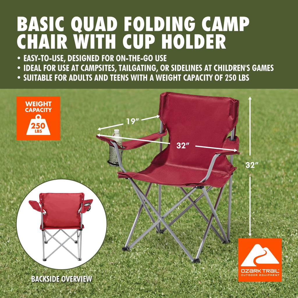 Ozark Trail Quad Folding Camp Chair with Cup Holder, Black