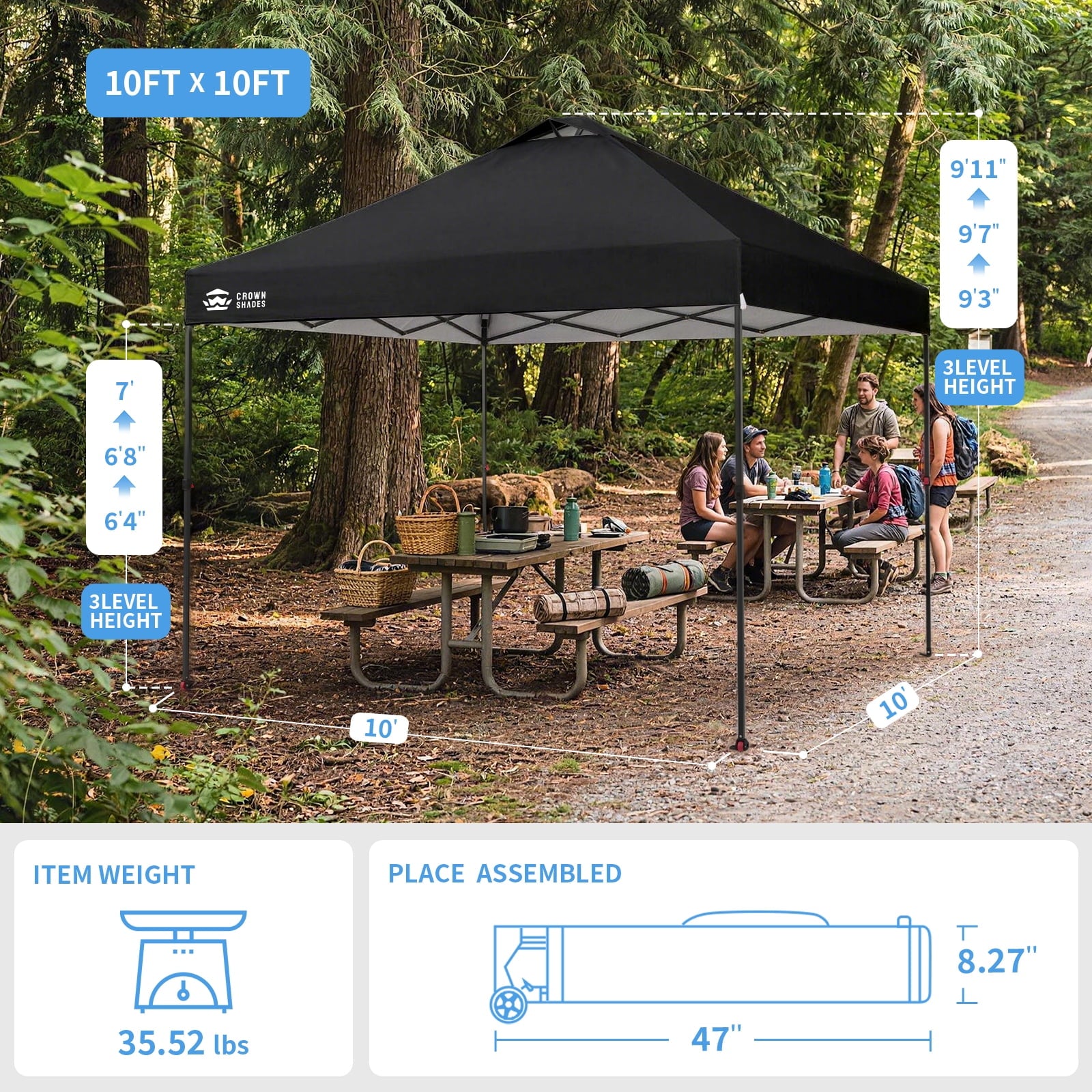 CROWN SHADES 10x10 Pop Up Canopy Patented Center Lock One Push Instant Outdoor Canopy Tent Grey