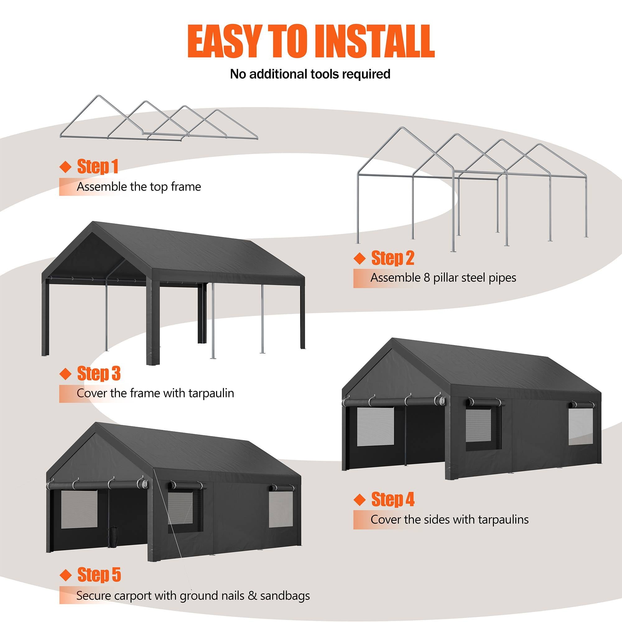 Walsunny 10x20 ft Carport with 4 Sandbags Heavy Duty Car Canopy with Roll-up Windows Portable Garage with Removable Sidewalls & Doors Khaki