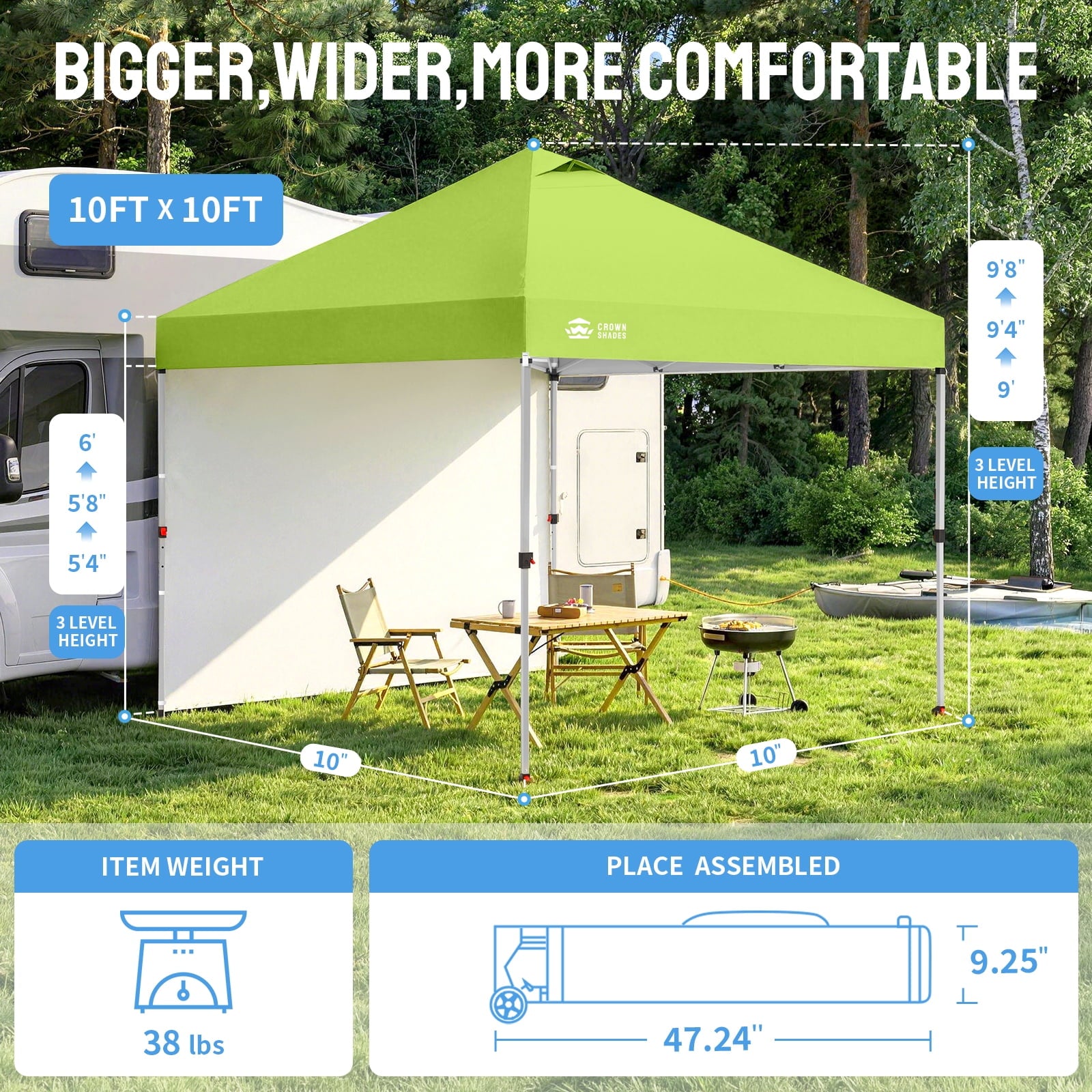 CROWN SHADES 10'x10' Instant Canopy Tent with 1 Sidewall with One Push Setup Sun Shelter for Events Parties Sky Blue