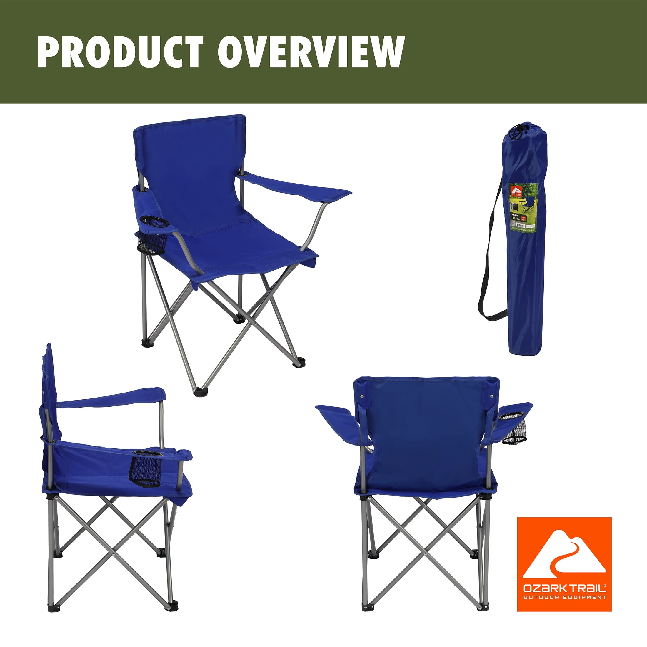 Ozark Trail Quad Folding Camp Chair with Cup Holder, Black