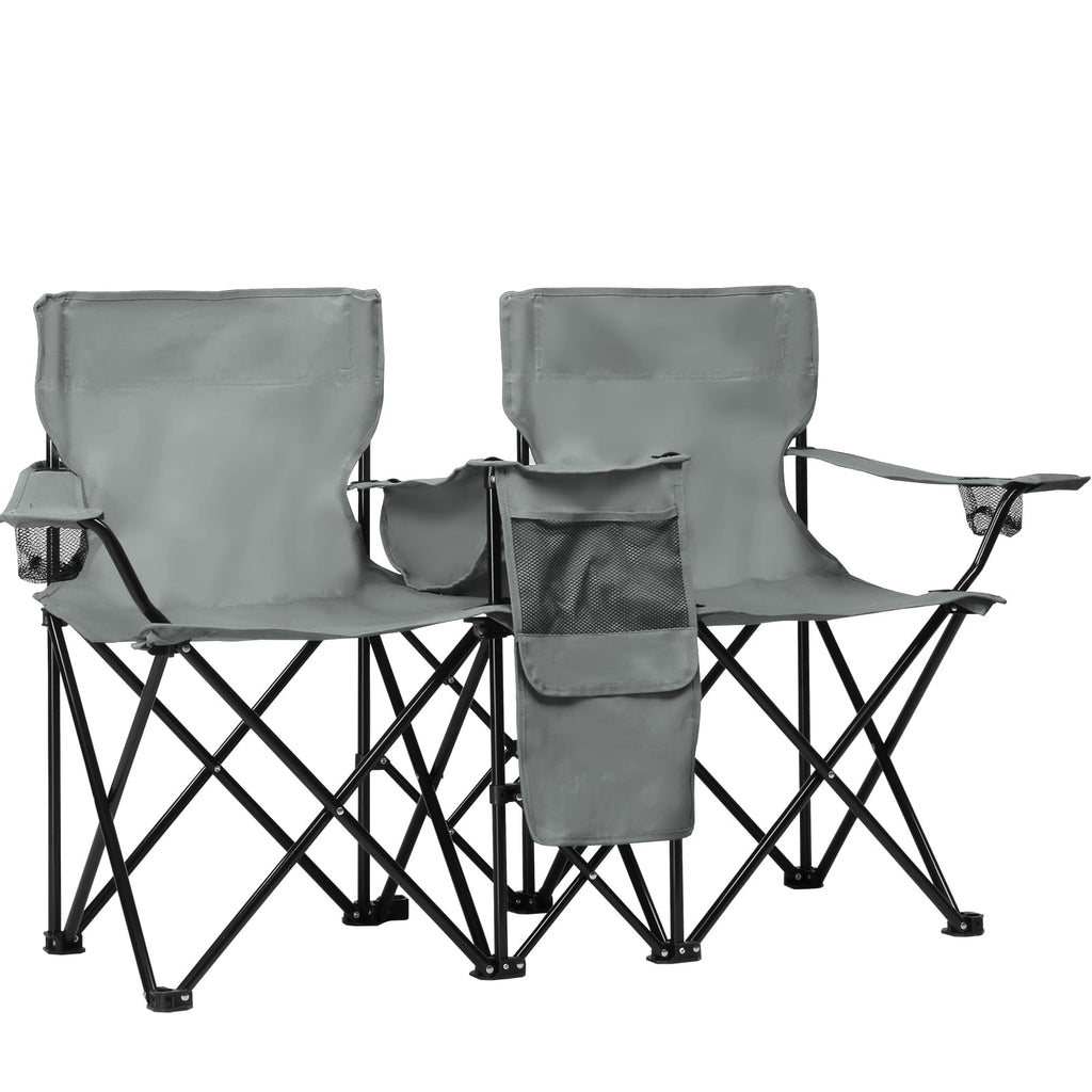 Ktaxon Camping Loveseat Chair, Folding Double Outdoor Chair with Removable Sun Umbrella & Carrying Bag, Double Chairs with Cooler Bag for Lawn Fishing Outdoor, Gray