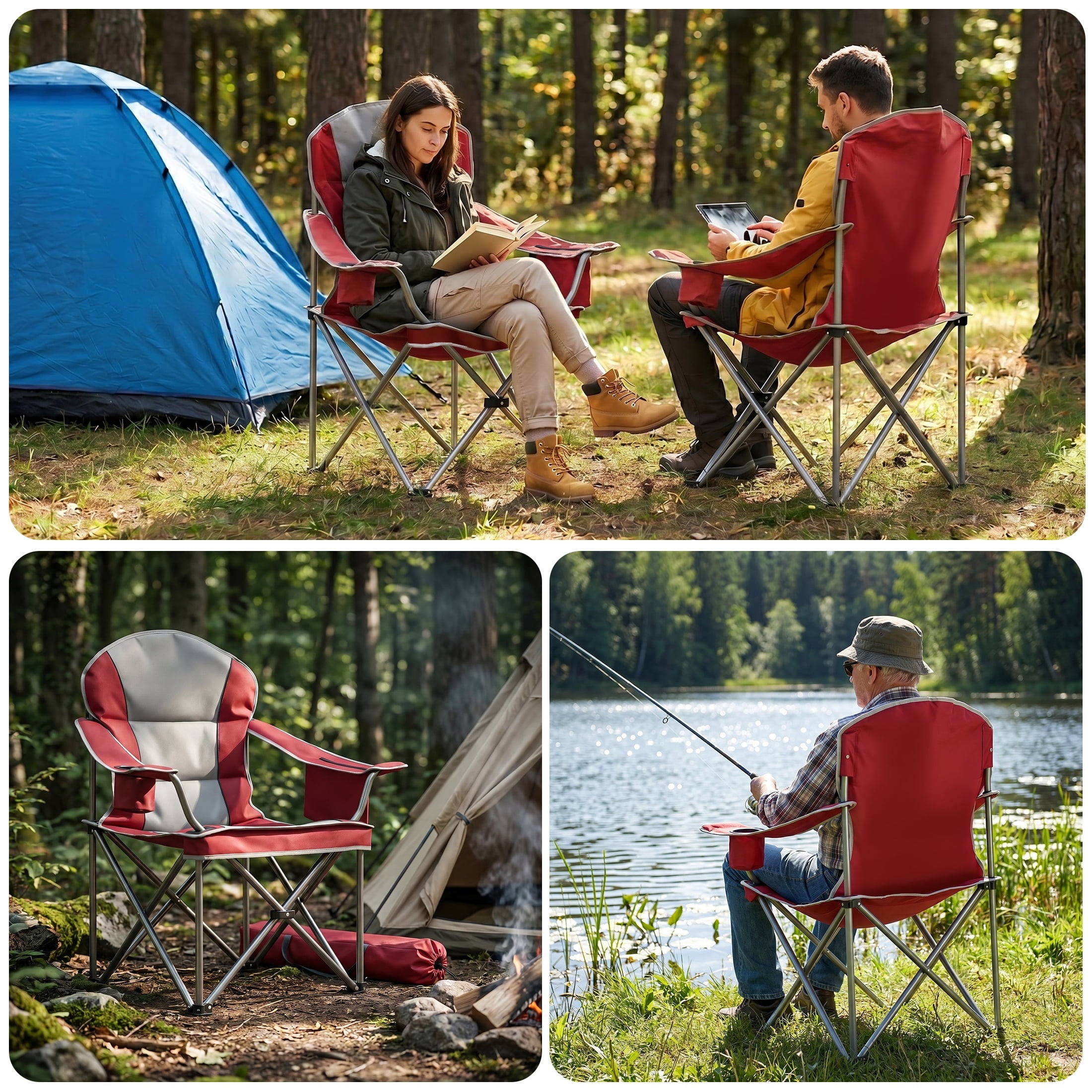 EDX Heavy Duty Camping Chair 500 lb Capacity, Oversized Extra Wide for Adults, Padded High Back Folding Lawn Chair, 500 lbs Steel Frame, Portable Outdoor Camping Chair with Cup Holder, Red Gray