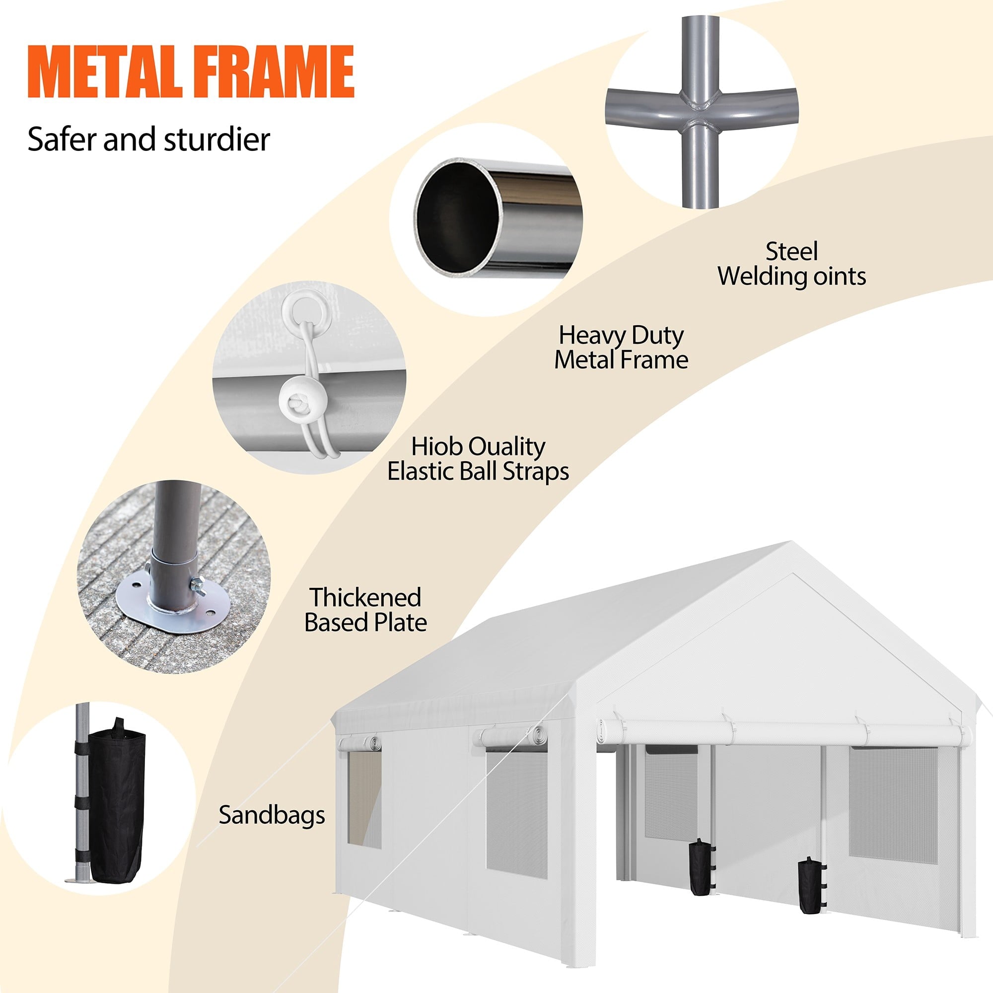 Walsunny 10x20 ft Carport with 4 Sandbags Heavy Duty Car Canopy with Roll-up Windows Portable Garage with Removable Sidewalls & Doors Khaki