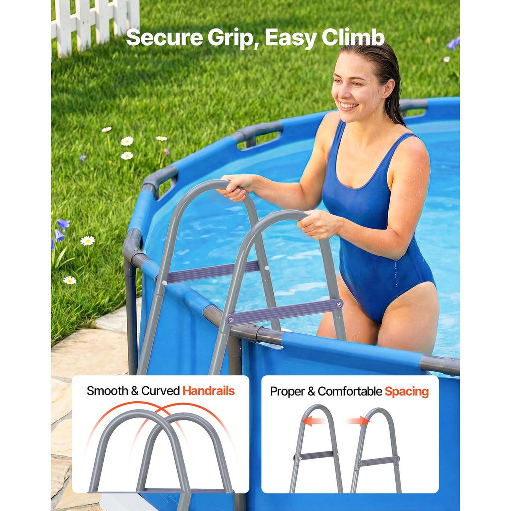 KFFKFF 4-Step Steel A-Frame Pool Ladder for Above-Ground Pools, Designed for 48-Inch Walls, 300 lbs Weight Capacity, Non-Slip Wide Steps, Easy Assembly, Gray and White