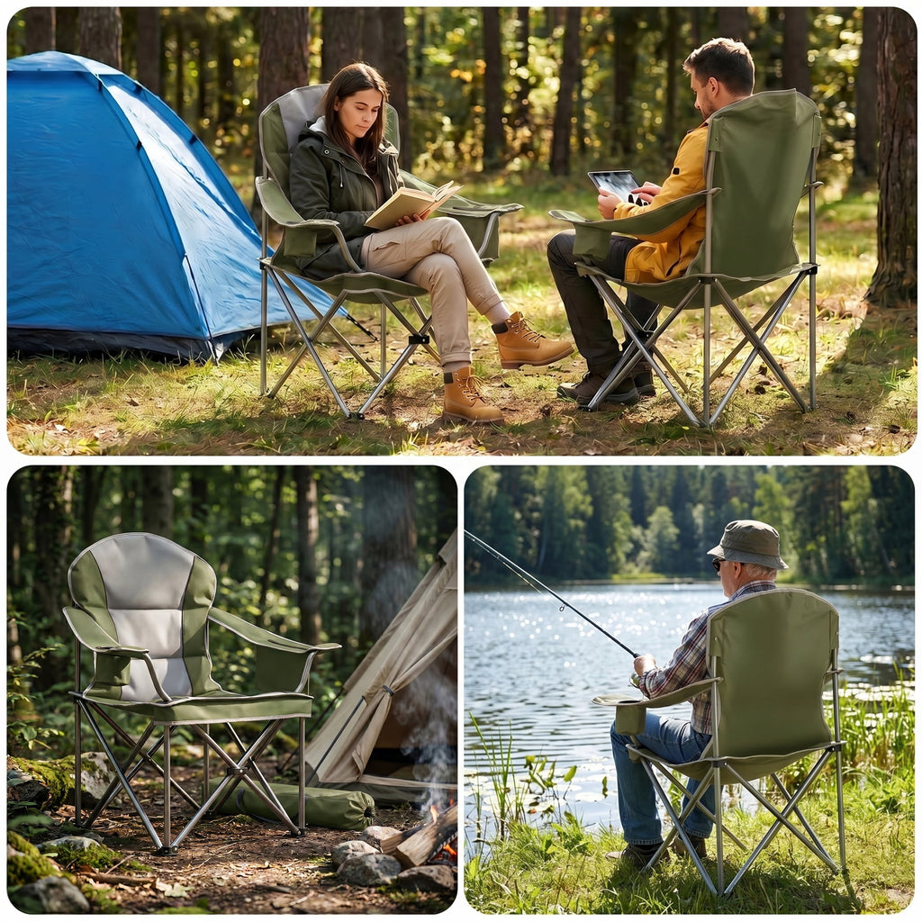 EDX Heavy Duty Camping Chair 500 lb Capacity, Oversized Extra Wide for Adults, Padded High Back Folding Lawn Chair, 500 lbs Steel Frame, Portable Outdoor Camping Chair with Cup Holder, Red Gray