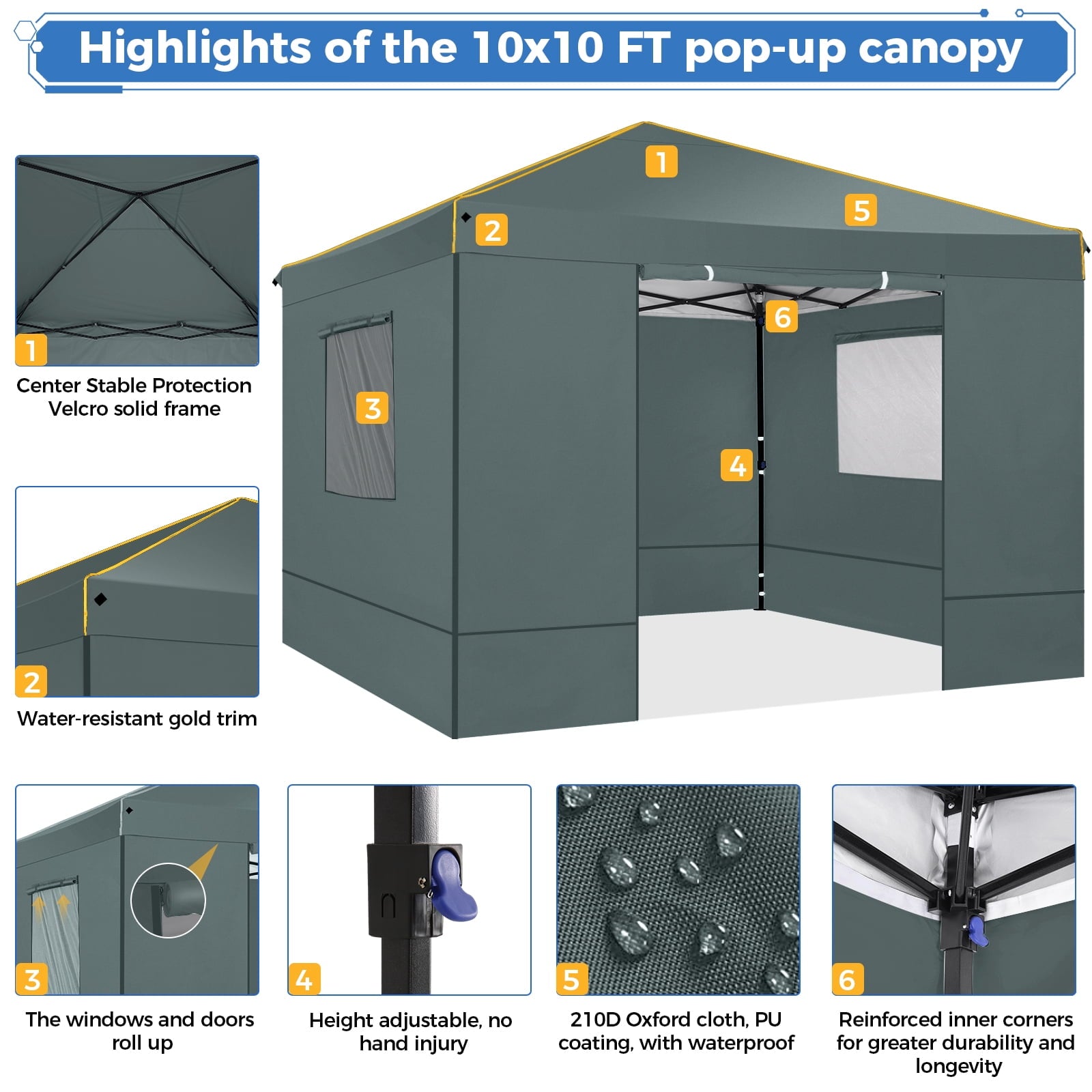 HOTEEL Pop up Canopy Tent 10x10 Commercial Instant Canopy with 4 Sidewalls & Carry Bag,Portable Tent for Parties Beach Camping Party Event Shelter Sun Shade,Dark Blue