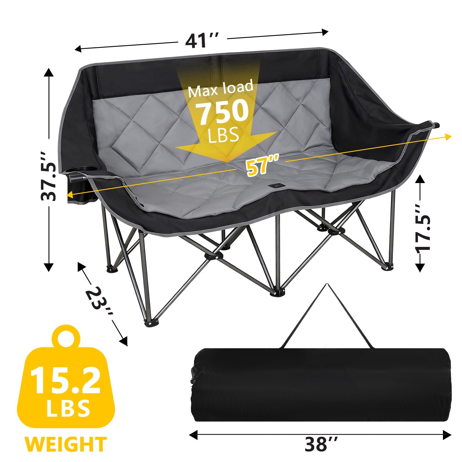 SUNSPIRE Oversized Camping Chair 2 Person Loveseat Heavy Duty Folding Outdoor Couch 750 lbs Padded Double Duo Sofa with Cup Holders Black