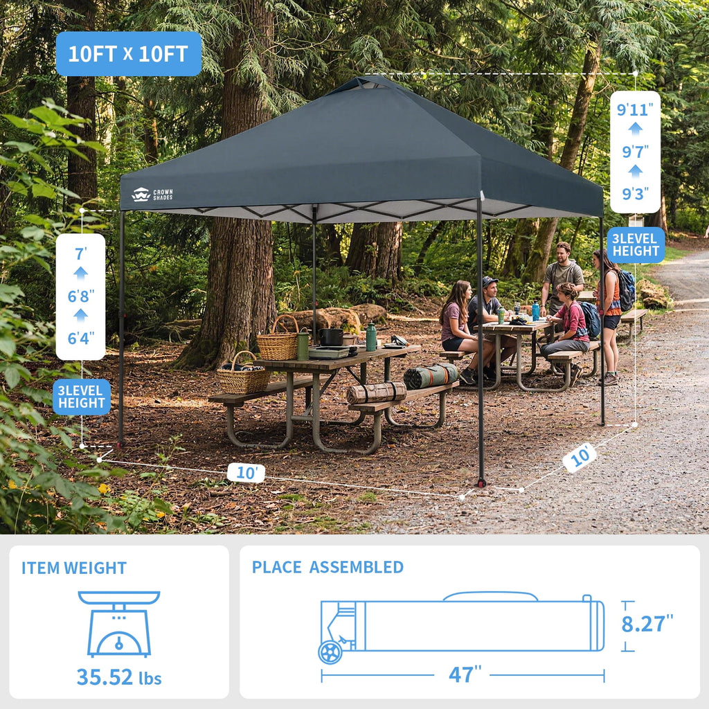 CROWN SHADES 10x10 Pop Up Canopy Patented Center Lock One Push Instant Outdoor Canopy Tent Grey