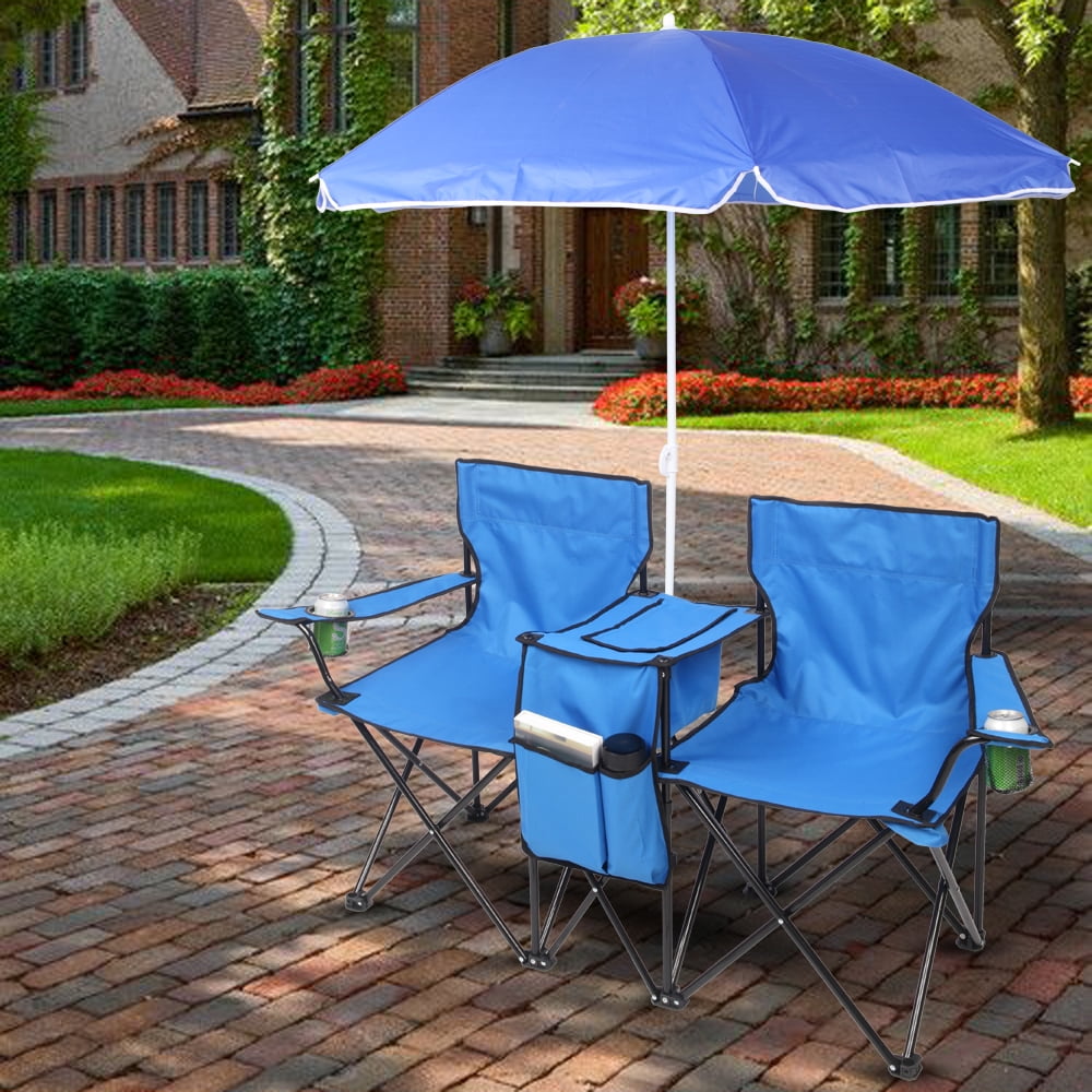 Ktaxon Camping Loveseat Chair, Folding Double Outdoor Chair with Removable Sun Umbrella & Carrying Bag, Double Chairs with Cooler Bag for Lawn Fishing Outdoor, Gray