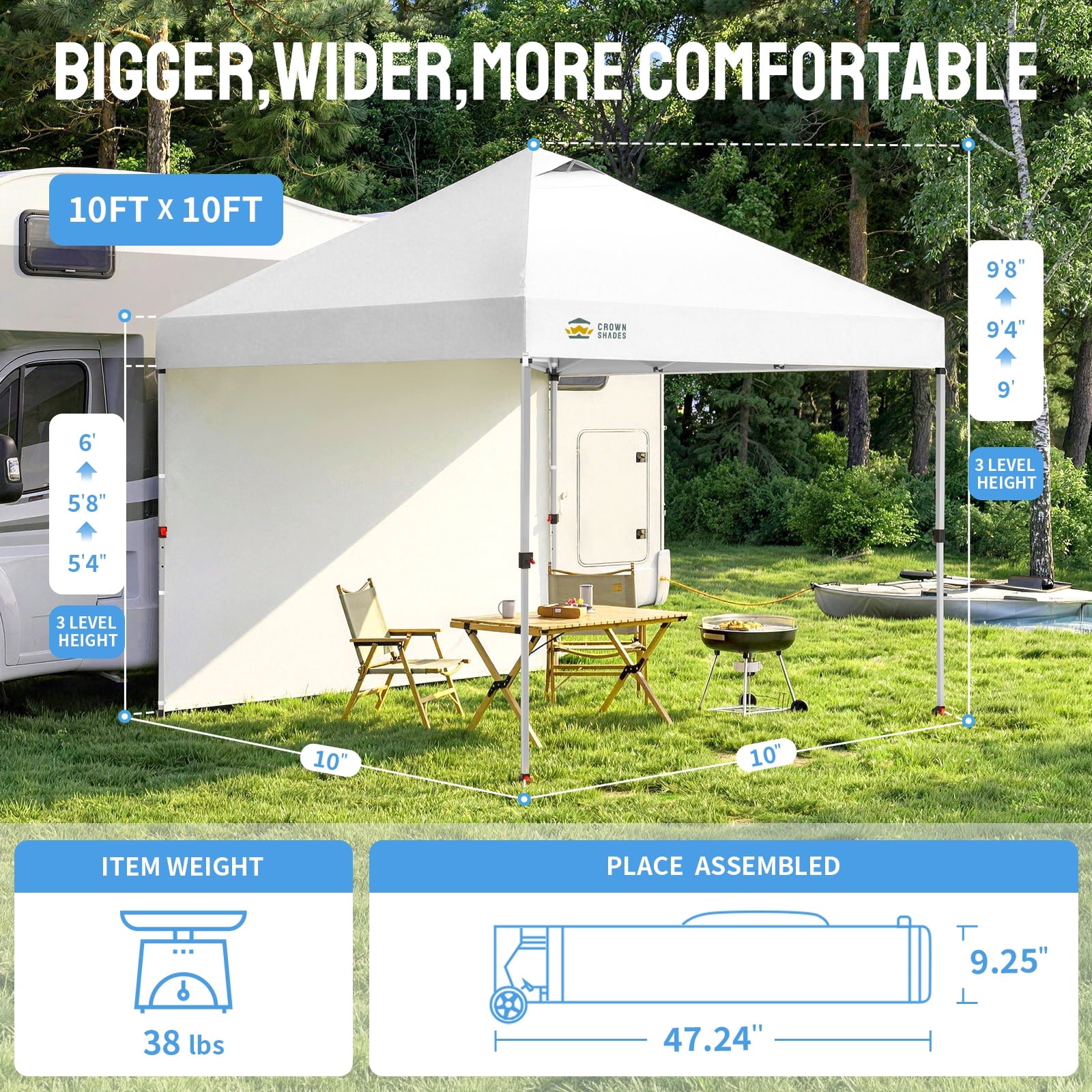 CROWN SHADES 10'x10' Instant Canopy Tent with 1 Sidewall with One Push Setup Sun Shelter for Events Parties Sky Blue
