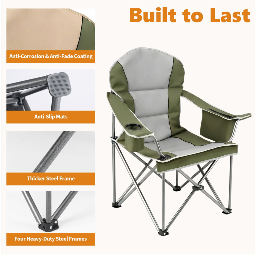 EDX Heavy Duty Camping Chair 500 lb Capacity, Oversized Extra Wide for Adults, Padded High Back Folding Lawn Chair, 500 lbs Steel Frame, Portable Outdoor Camping Chair with Cup Holder, Red Gray