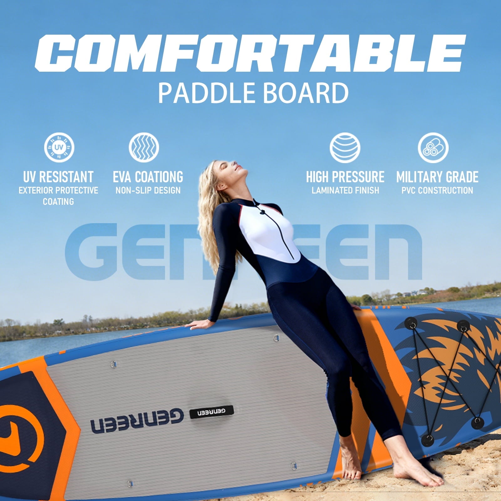Genreen 11ft Inflatable Stand up Paddle Board (SUP), All-Around Fishing Paddle Board Full Kit for Youth & Adults