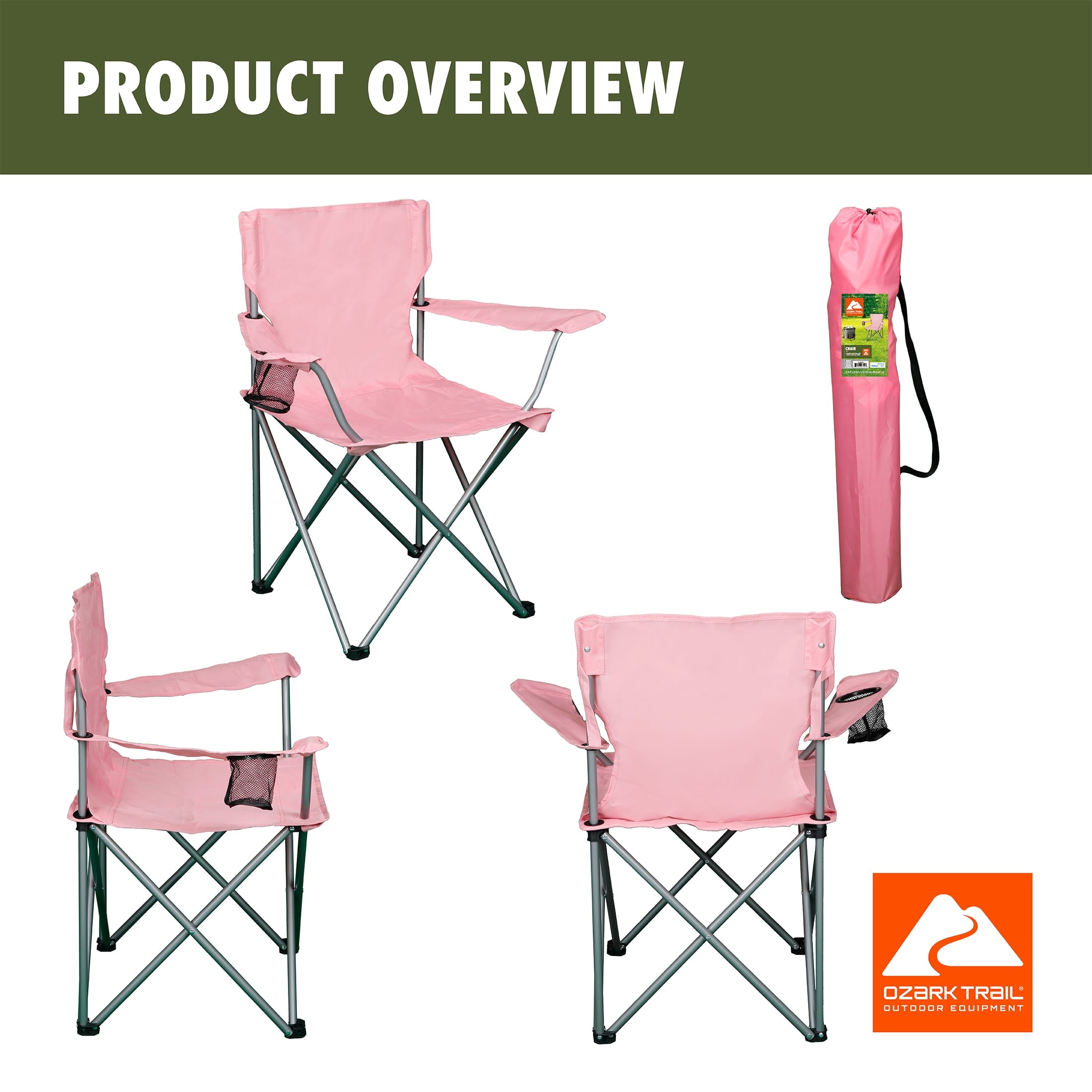 Ozark Trail Quad Folding Camp Chair with Cup Holder, Black