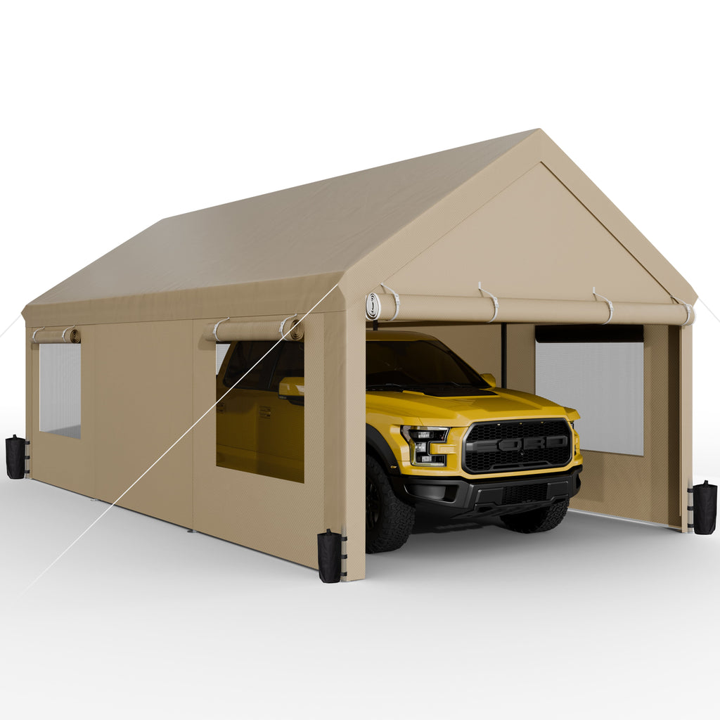 Walsunny 10x20 ft Carport with 4 Sandbags Heavy Duty Car Canopy with Roll-up Windows Portable Garage with Removable Sidewalls & Doors Khaki