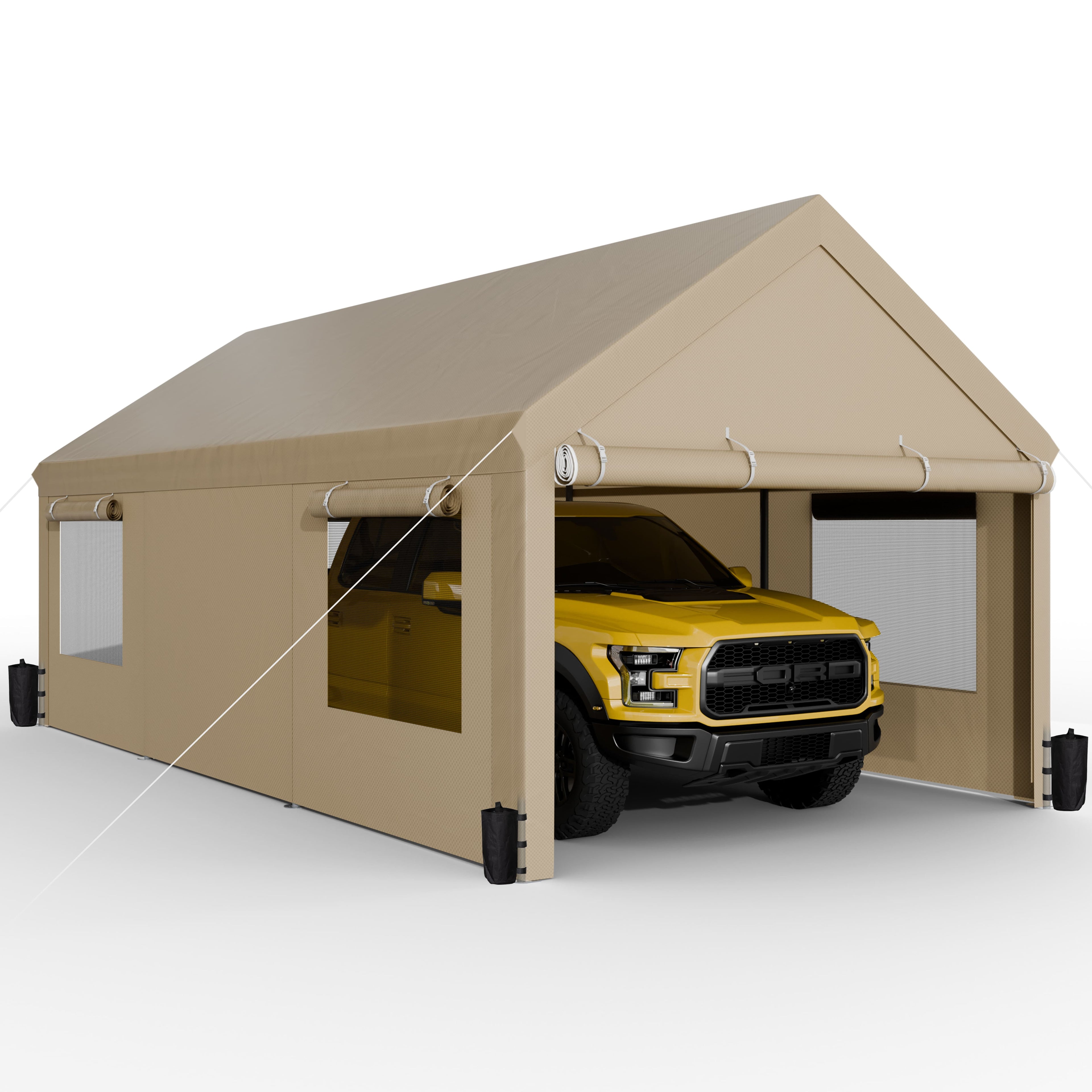 Walsunny 10x20 ft Carport with 4 Sandbags Heavy Duty Car Canopy with Roll-up Windows Portable Garage with Removable Sidewalls & Doors Khaki