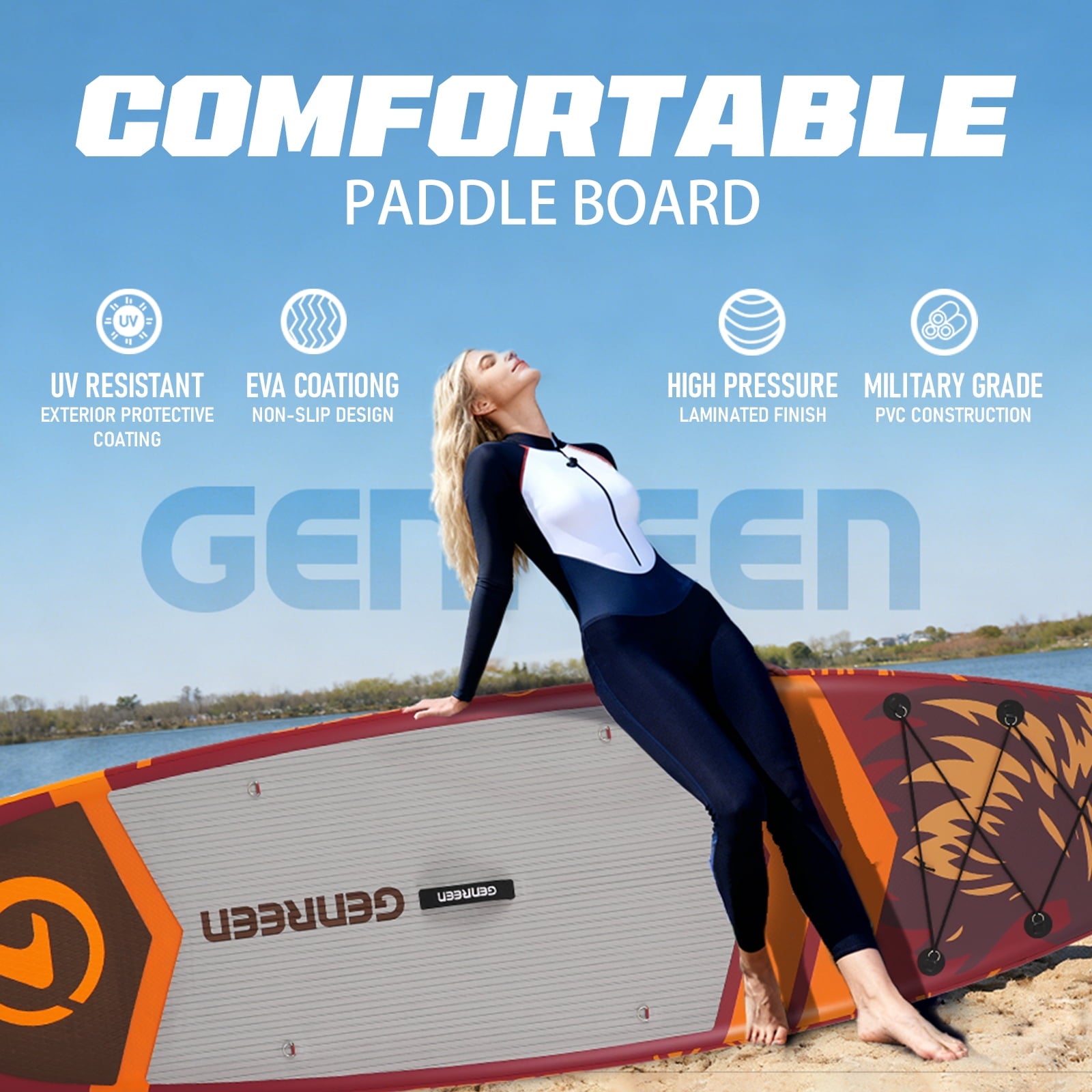 Genreen 11ft Inflatable Stand up Paddle Board (SUP), All-Around Fishing Paddle Board Full Kit for Youth & Adults