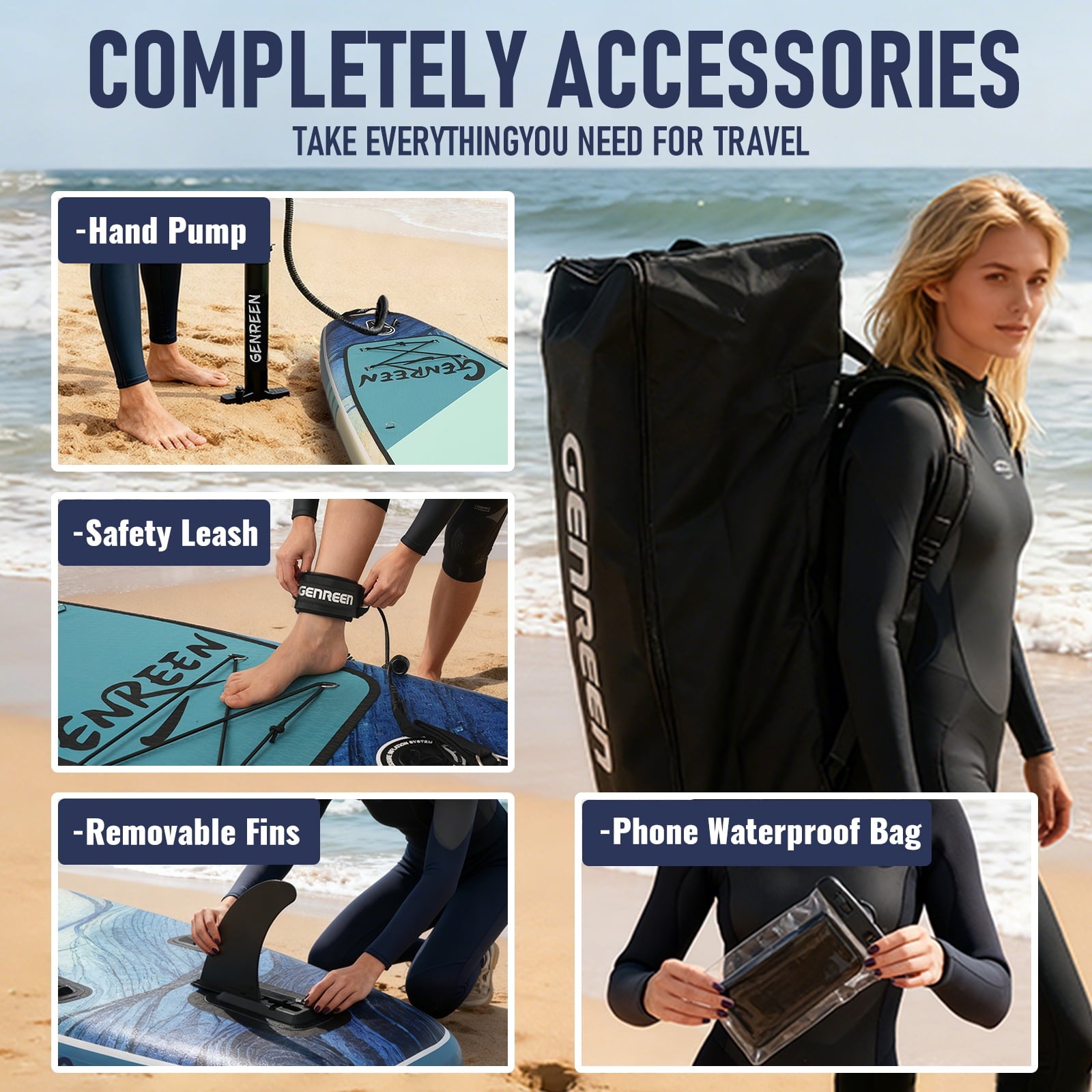 Genreen 11FT Inflatable Stand Up Paddle Board，Wide Sup with Premium Accessories, Fishing Blow Up Paddleboard for Youth & Adults