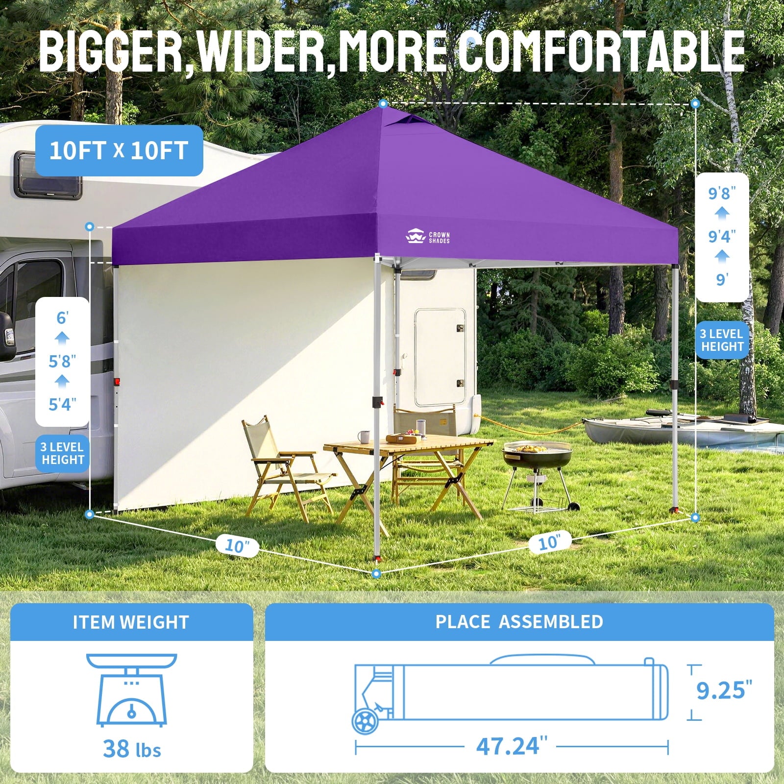 CROWN SHADES 10'x10' Instant Canopy Tent with 1 Sidewall with One Push Setup Sun Shelter for Events Parties Sky Blue