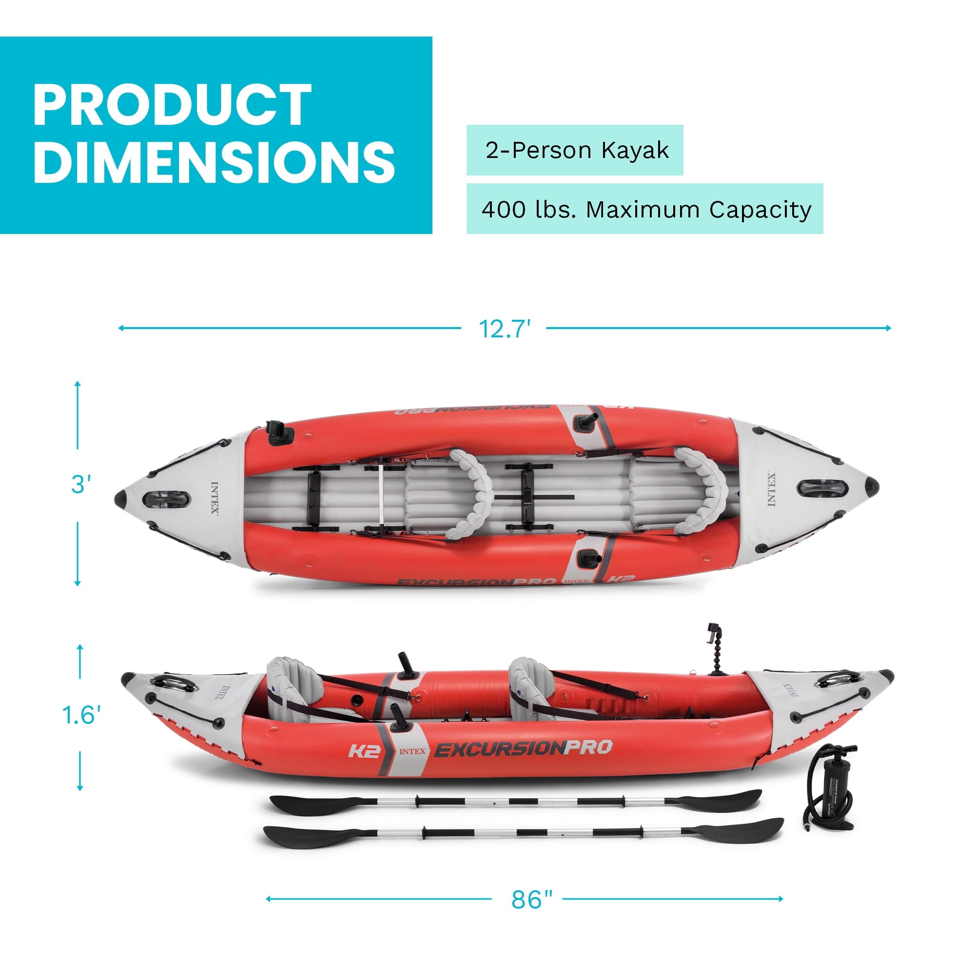 Intex Excursion Pro Inflatable 2 Person Vinyl Kayak with 2 Oars and Pump