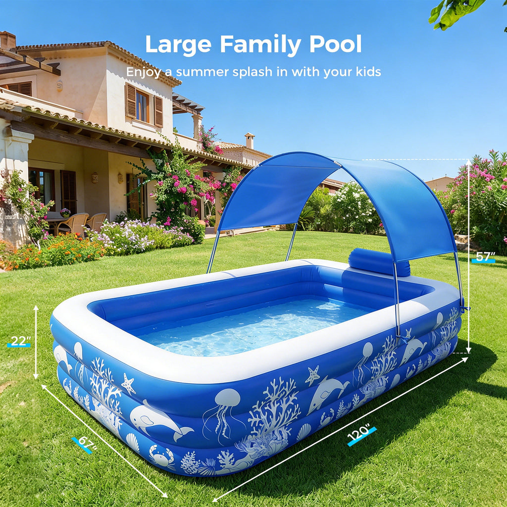Inflatable Pool, 120 X 67 X 22 Family Swimming Pool, Oversized Thickened Kiddie Pool for Outdoor, Garden, Backyard, Blue