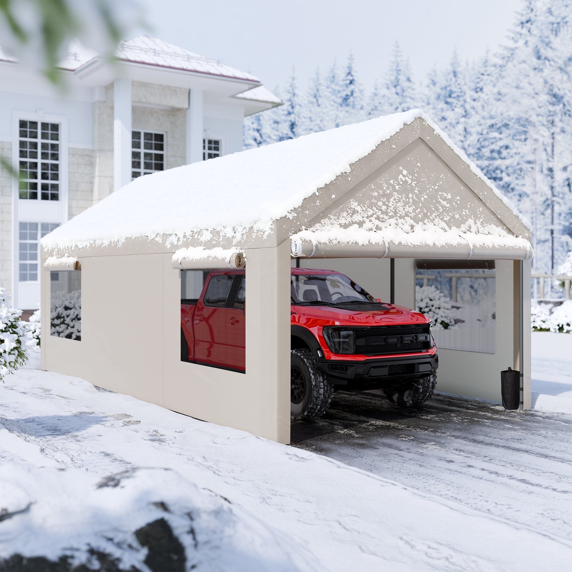 Walsunny 10x20 ft Carport with 4 Sandbags Heavy Duty Car Canopy with Roll-up Windows Portable Garage with Removable Sidewalls & Doors Khaki