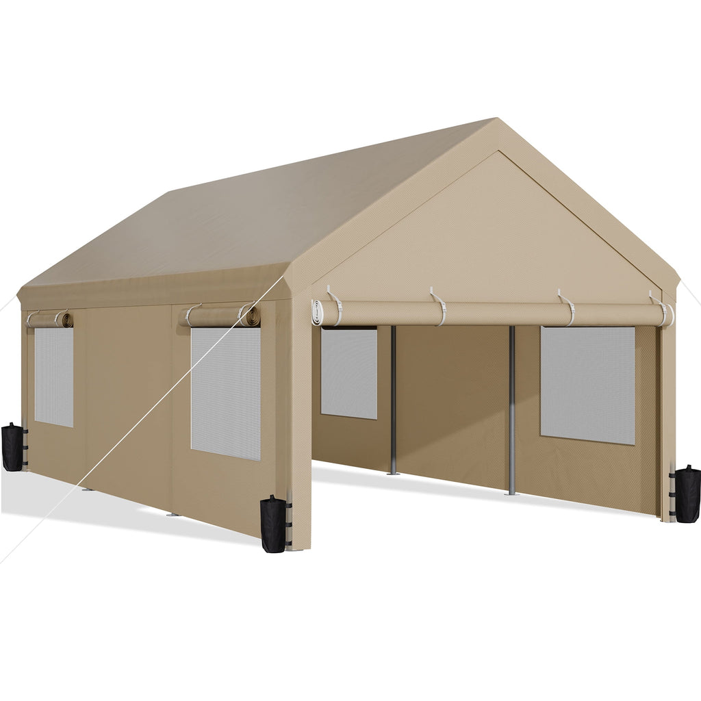 Walsunny 10x20 ft Carport with 4 Sandbags Heavy Duty Car Canopy with Roll-up Windows Portable Garage with Removable Sidewalls & Doors Khaki