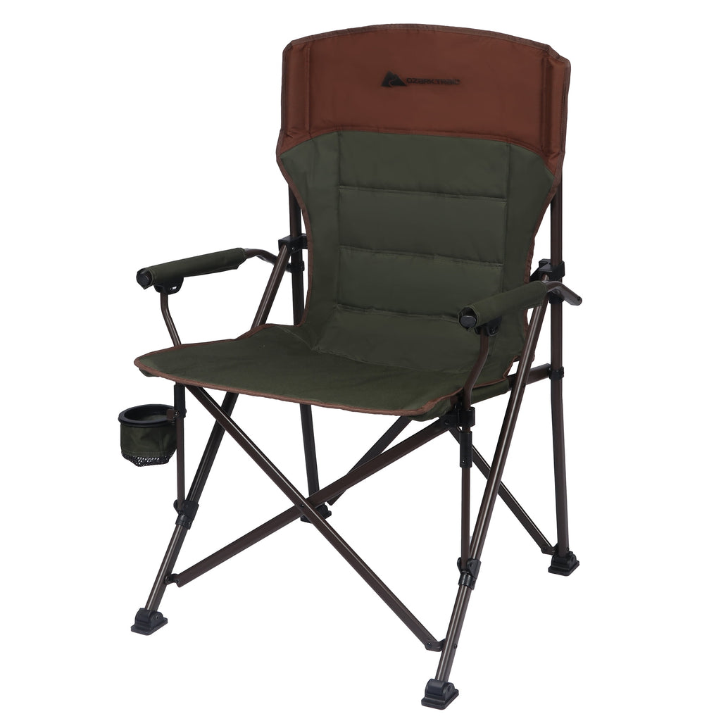 Ozark Trail Heavy Duty Hard Arm Camp Chair with Adjustable Cupholder, Tensioned Seat Fabric, Brown
