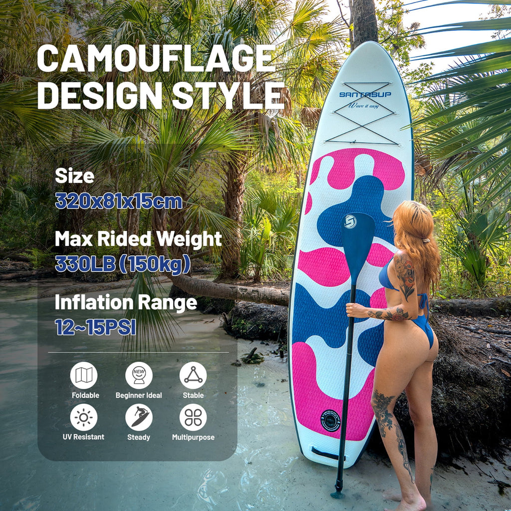 Santasup Blow Up Paddle Board Inflatable Paddle Board For Adults, 10ft Stand Up Paddleboard, Sup Board With Sup Accessories, Non-Slip Deck, Adjustable Paddle, Travel Backpack Wide Stance Pink