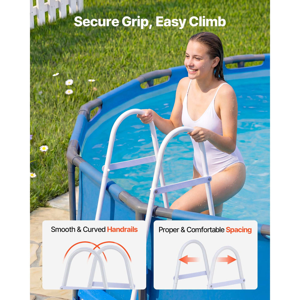 KFFKFF 4-Step Steel A-Frame Pool Ladder for Above-Ground Pools, Designed for 48-Inch Walls, 300 lbs Weight Capacity, Non-Slip Wide Steps, Easy Assembly, Gray and White