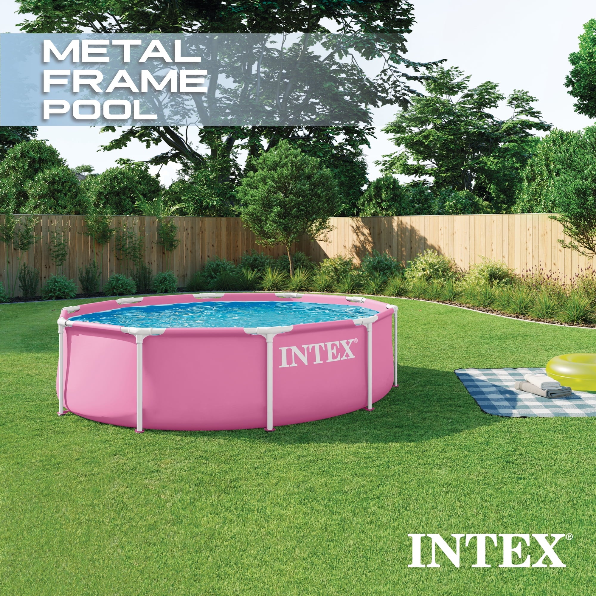 INTEX Rectangular Metal Frame 7ft x 23in Above Ground Swimming Pool, Pink
