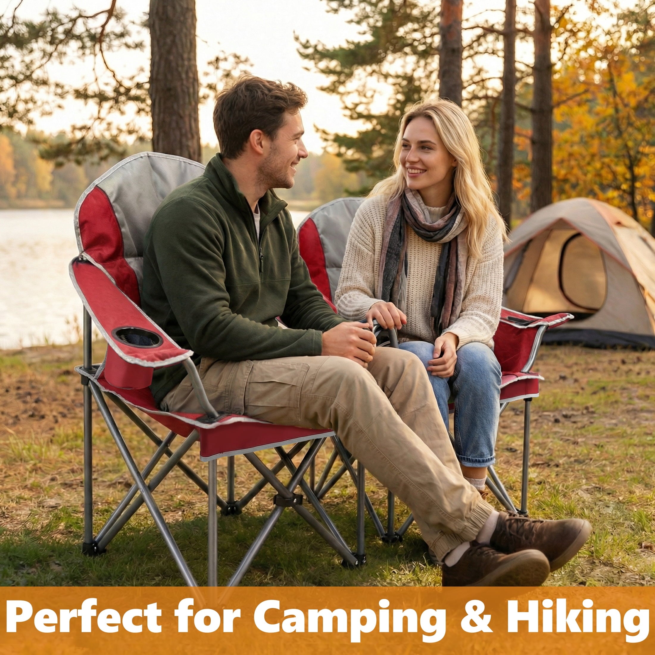 EDX Heavy Duty Camping Chair 500 lb Capacity, Oversized Extra Wide for Adults, Padded High Back Folding Lawn Chair, 500 lbs Steel Frame, Portable Outdoor Camping Chair with Cup Holder, Red Gray
