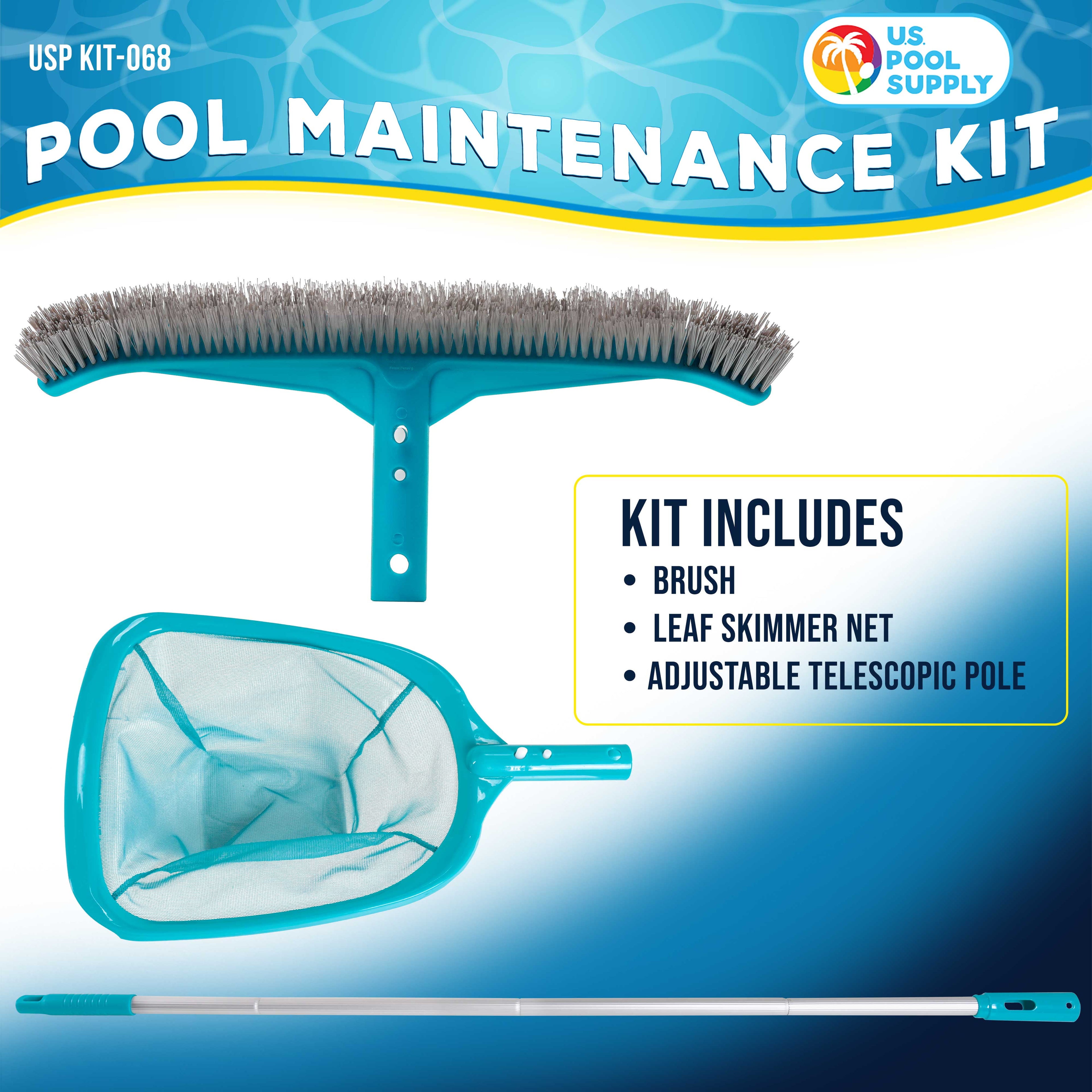 U.S. Pool Supply Pool Maintenance Kit with Leaf Skimmer Net, Brush, and Adjustable Telescopic Pole - 6 Deep Mesh Netting, Nylon Scrub Brush, Clean Sweep Debris from Walls, Floors, Steps, Spas, Ponds