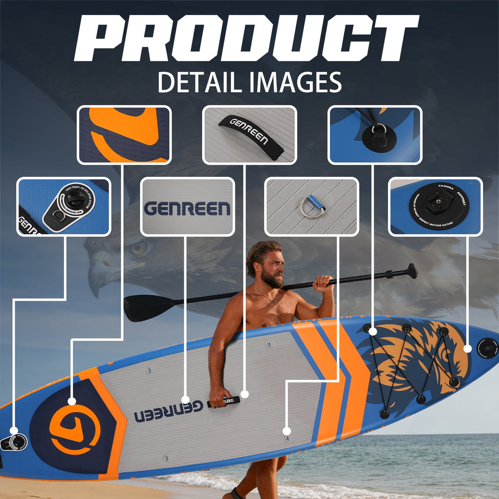 Genreen 11ft Inflatable Stand up Paddle Board (SUP), All-Around Fishing Paddle Board Full Kit for Youth & Adults