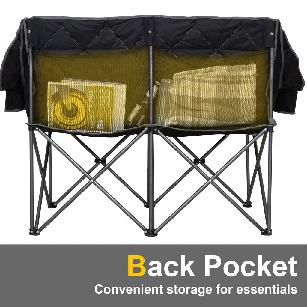 SUNSPIRE Oversized Camping Chair 2 Person Loveseat Heavy Duty Folding Outdoor Couch 750 lbs Padded Double Duo Sofa with Cup Holders Black