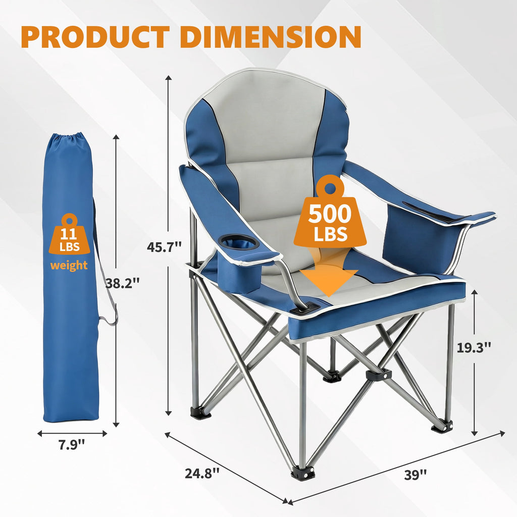 EDX Heavy Duty Camping Chair 500 lb Capacity, Oversized Extra Wide for Adults, Padded High Back Folding Lawn Chair, 500 lbs Steel Frame, Portable Outdoor Camping Chair with Cup Holder, Red Gray