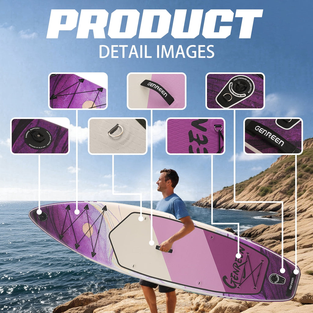 Genreen 11FT Inflatable Stand Up Paddle Board，Wide Sup with Premium Accessories, Fishing Blow Up Paddleboard for Youth & Adults