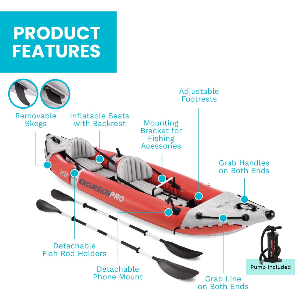Intex Excursion Pro Inflatable 2 Person Vinyl Kayak with 2 Oars and Pump