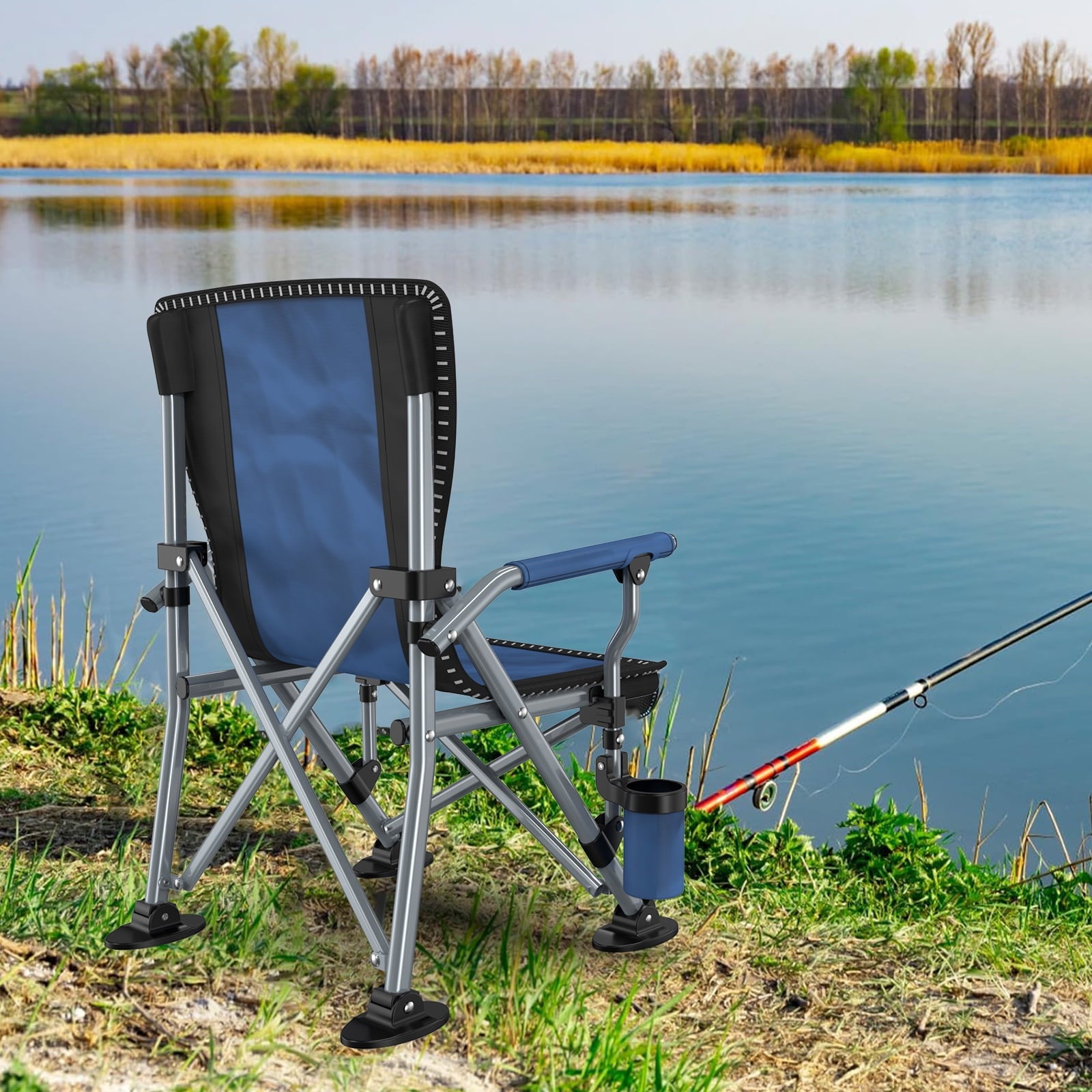 LNOW Folding Camping Chair with Cup Holder & Side Pocket Lightweight Portable Chairs for Beach, Sports, Fishing, ‌‌Black