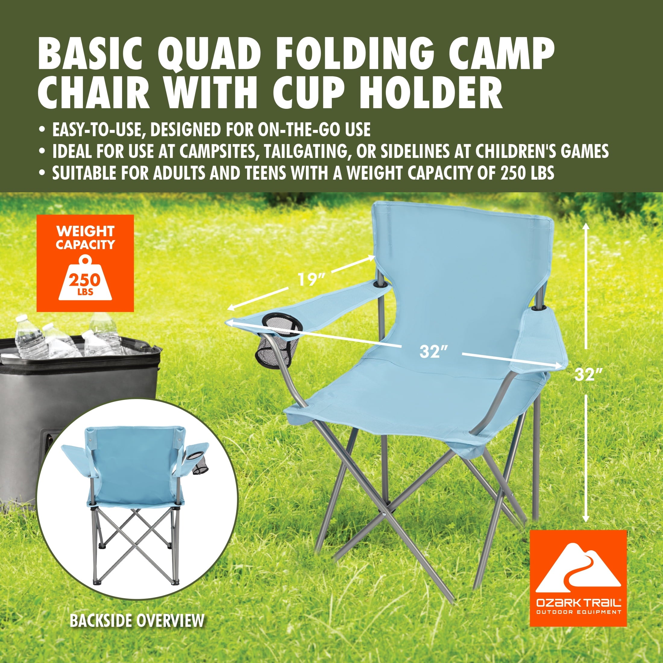 Ozark Trail Quad Folding Camp Chair with Cup Holder, Black