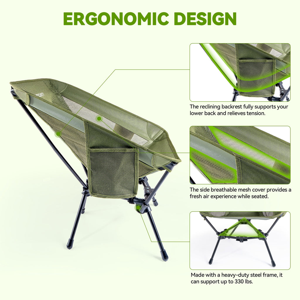 VECUKTY Portable Camping Chair with Carry Bag, Lightweight Folding Outdoor Chair with Side Pocket for Camping, Hiking, Fishing, Black