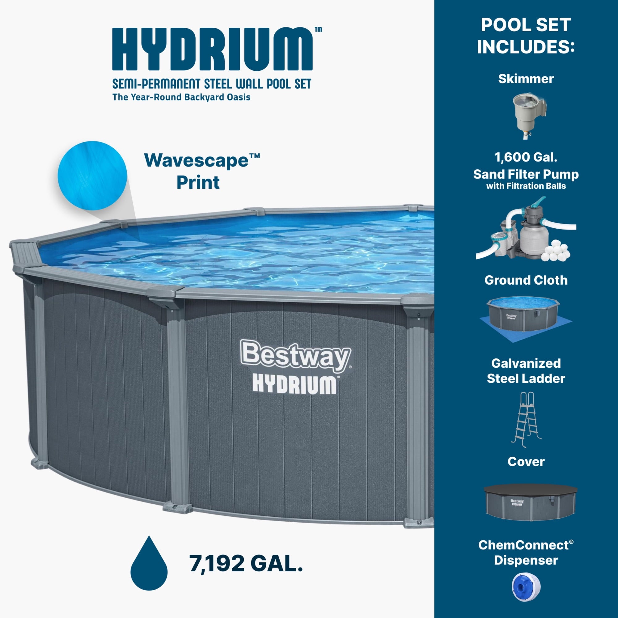 Bestway Hydrium 15' x 48 Steel Side Wall Above Ground Pool w/ Sand Pump & Accessories