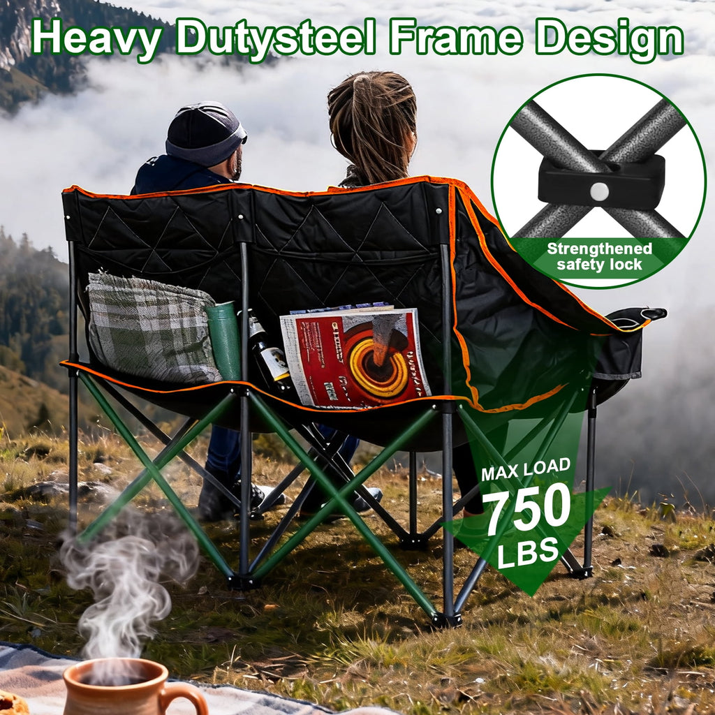 SUNSPIRE Oversized Camping Chair 2 Person Loveseat Heavy Duty Folding Outdoor Couch 750 lbs Padded Double Duo Sofa with Cup Holders Black