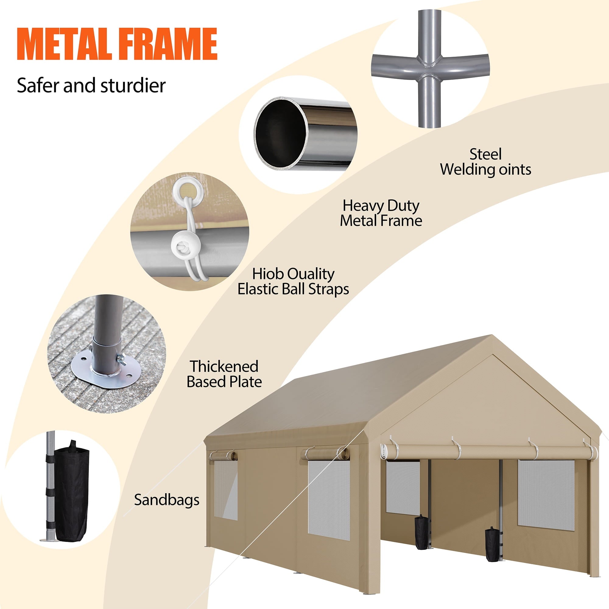 Walsunny 10x20 ft Carport with 4 Sandbags Heavy Duty Car Canopy with Roll-up Windows Portable Garage with Removable Sidewalls & Doors Khaki