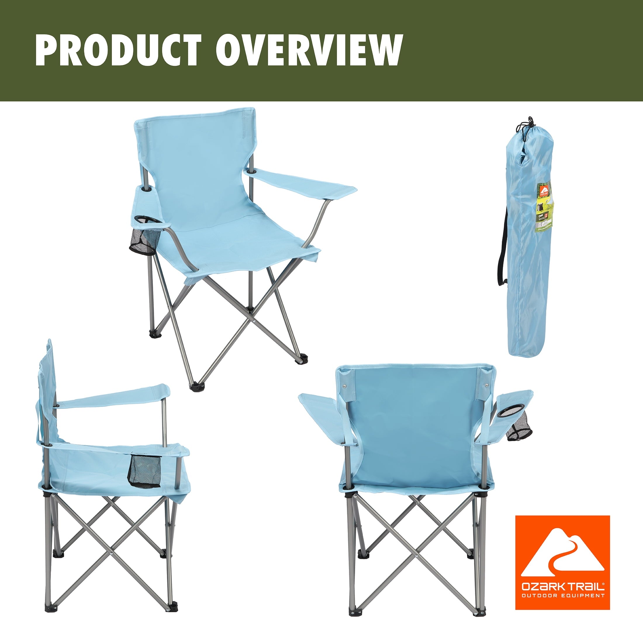 Ozark Trail Quad Folding Camp Chair with Cup Holder, Black