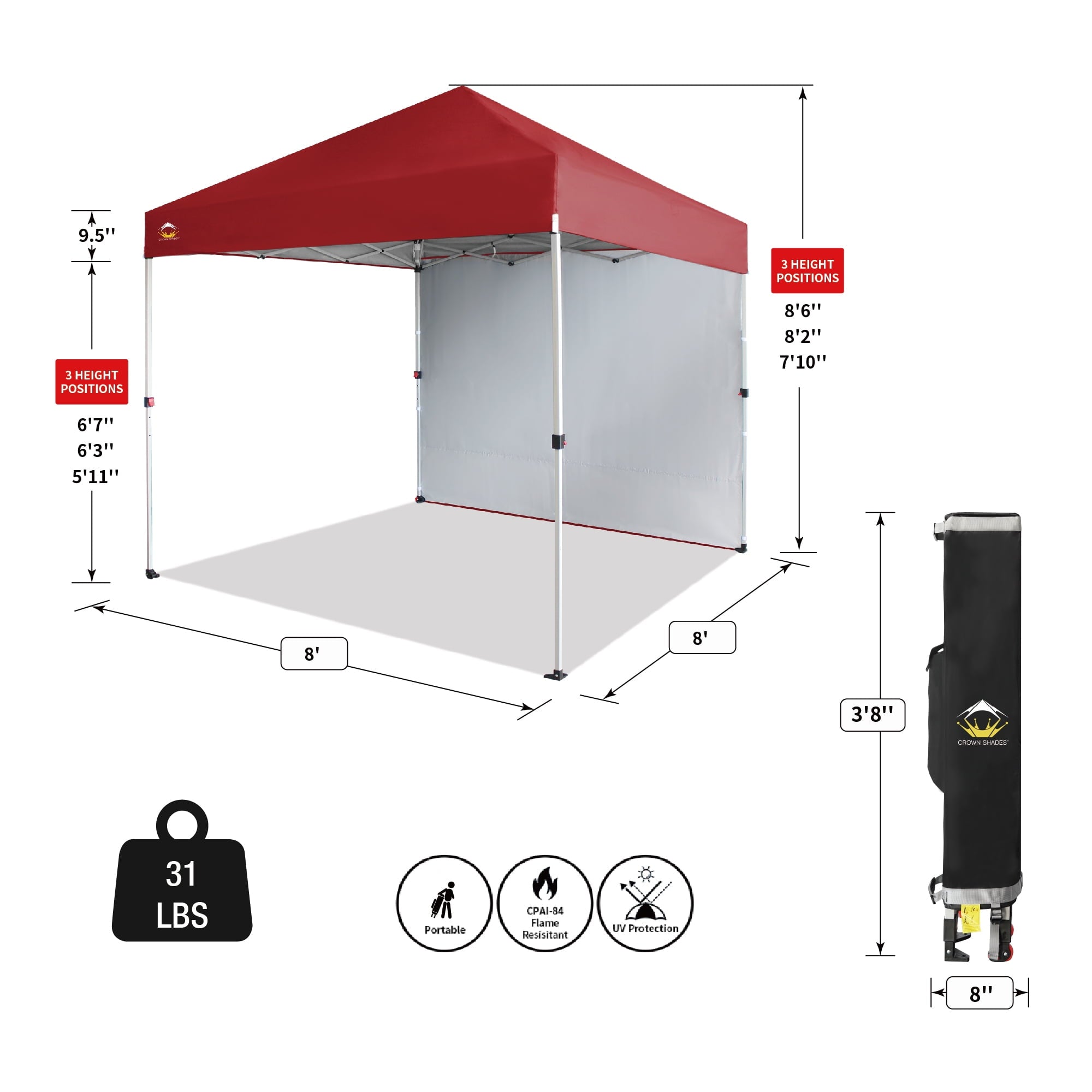 CROWN SHADES 10'x10' Instant Canopy Tent with 1 Sidewall with One Push Setup Sun Shelter for Events Parties Sky Blue